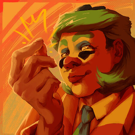 A painting of a bust (My TTRPG character Chickweed) using a saturated, warm colours