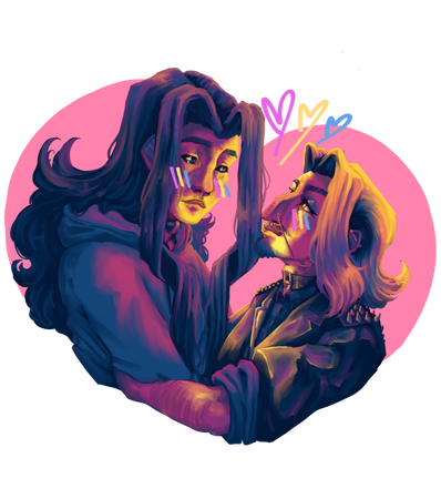 A painting of two busts (TVPMJ and Jacoby) using a limited palette (pansexual pride flag)