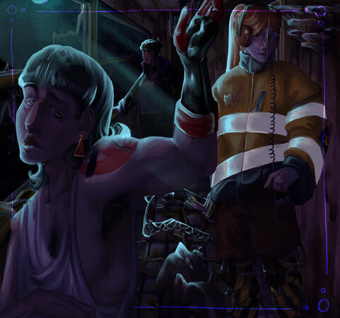 A painted scene of 3 characters, Schmaltz (front, half body), Baron (midground right, full body), and Prince (background, half body).