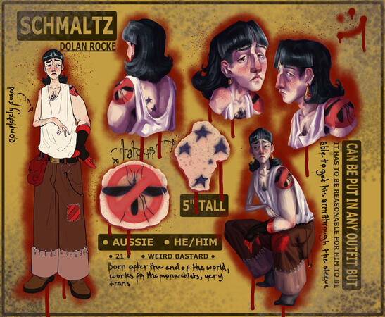 A reference sheet of my character Schmaltz based upon the idea of a warning sign.